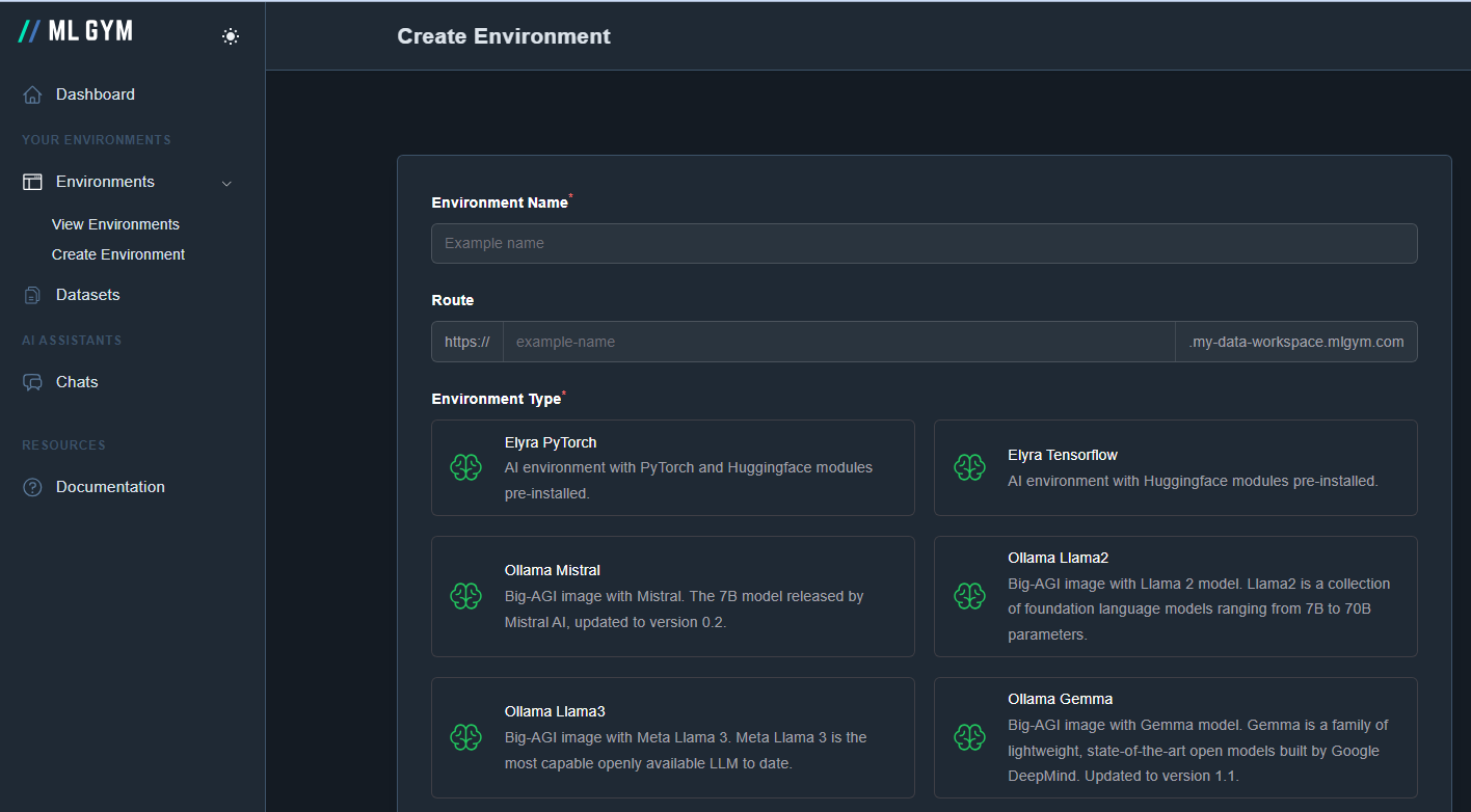 MLGym's AI development environment dashboard powered by Stratus5